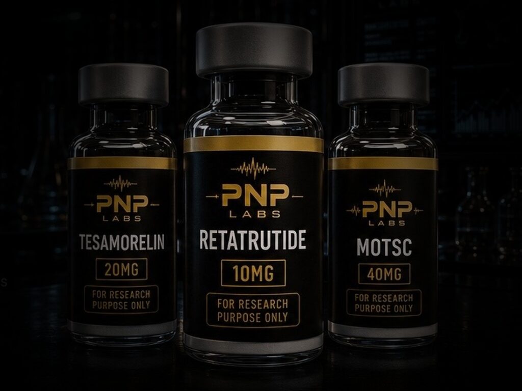 PNP Labs research peptide vials — Tesamorelin, Retatrutide and MOTS-c