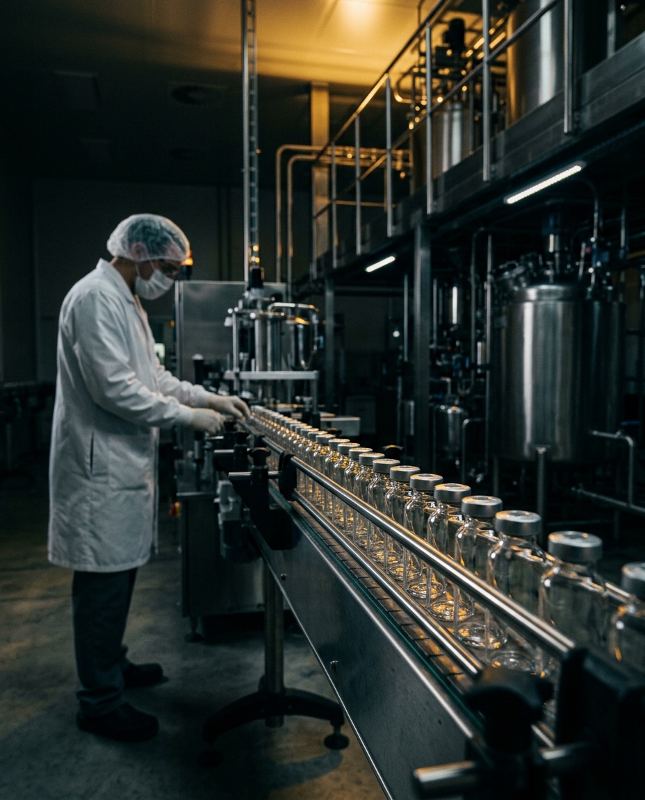 Technician in cleanroom overseeing glass vials on a stainless steel filling line