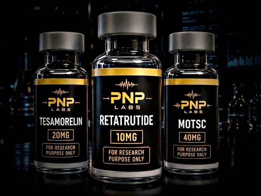 PNP Labs research peptide vials — Tesamorelin, Retatrutide and MOTS-c
