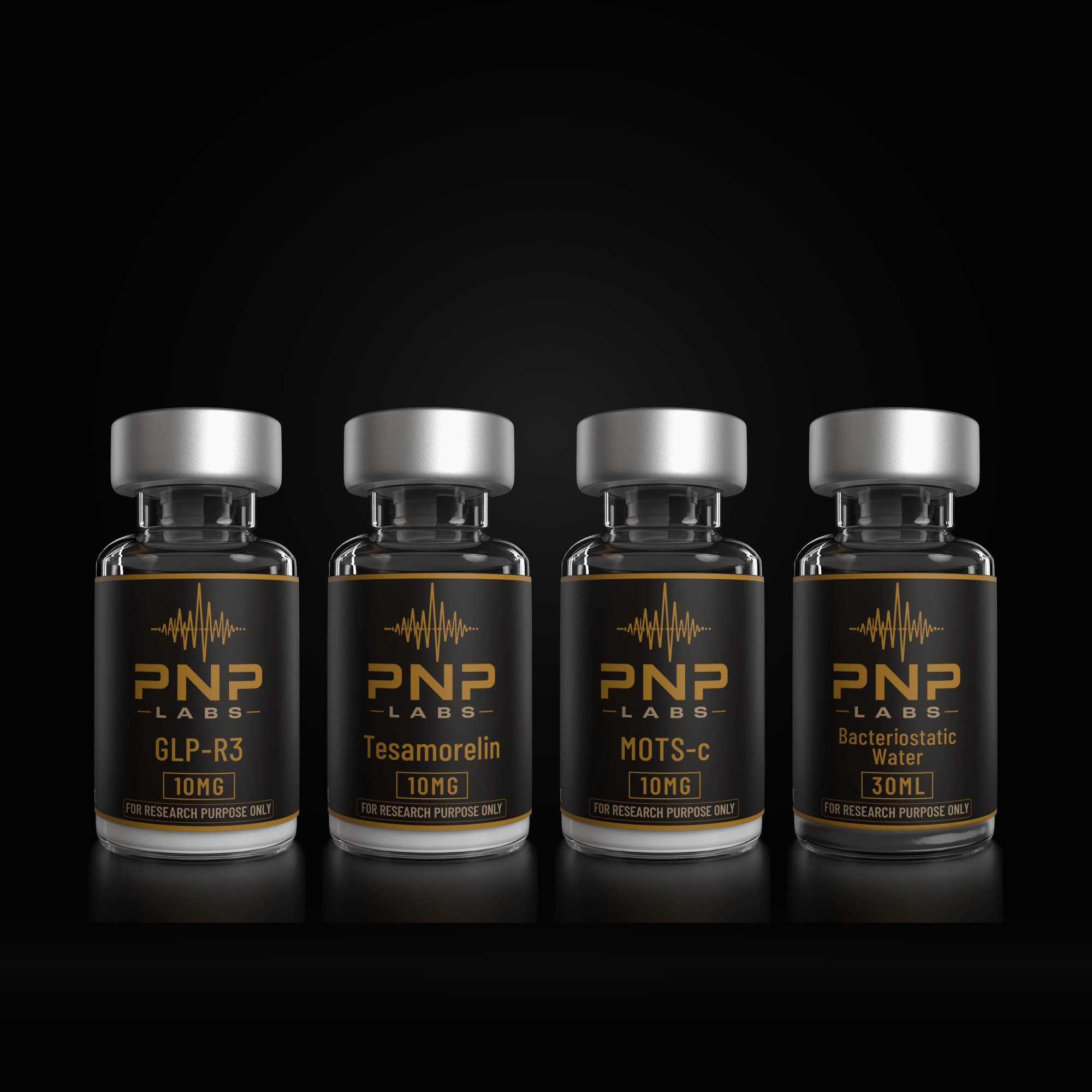 The Fuel Stack - GLP-R3, Tesamorelin and MOTS-c research vials with bacteriostatic water