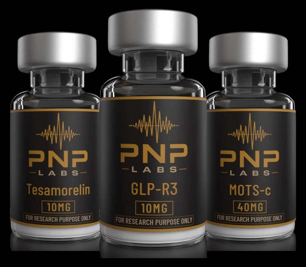 Practically Natty research vials — Tesamorelin 10mg, GLP-R3 10mg and MOTS-c 40mg